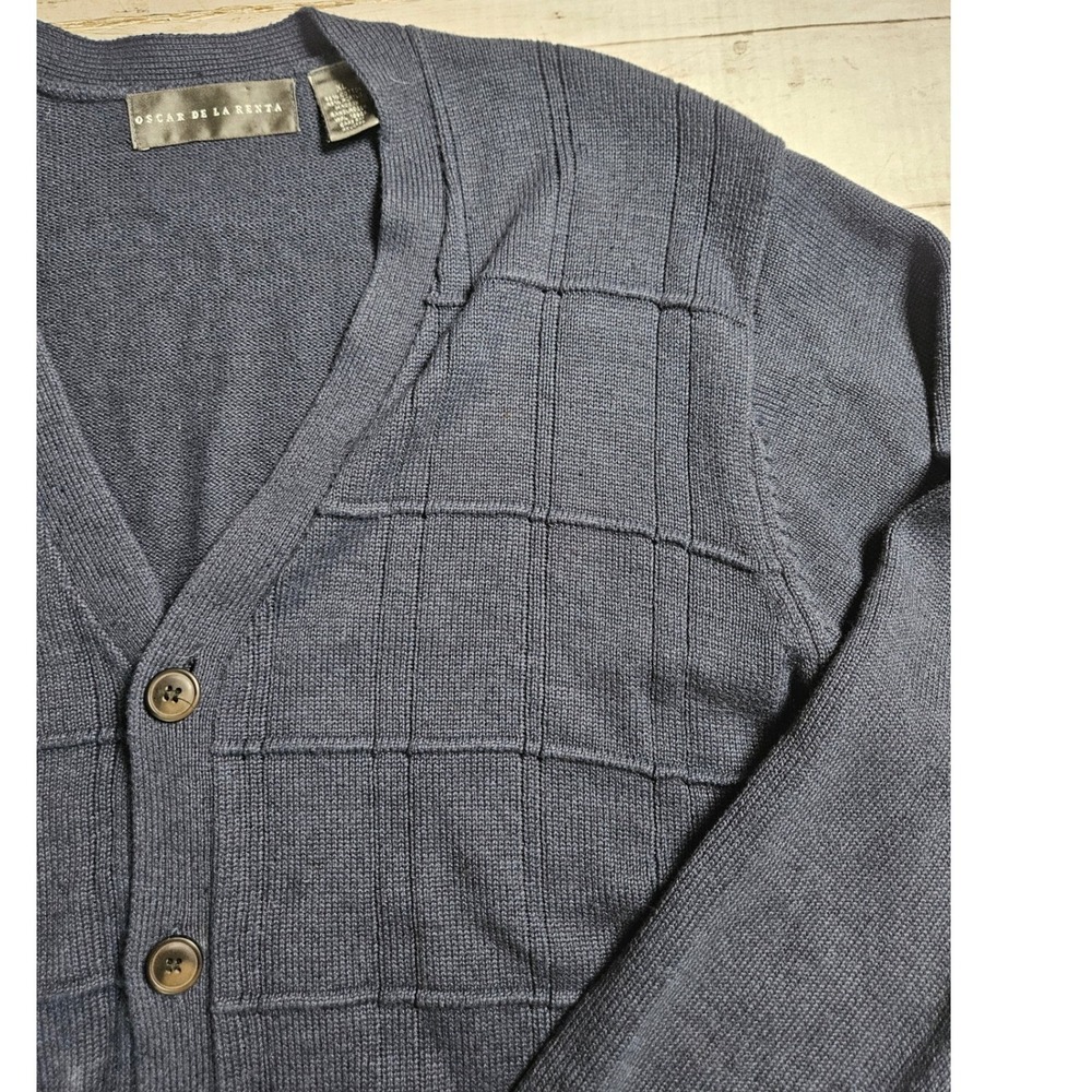 Oscar de la Renta Mens Navy Blue Textured Grid Cardigan Sweater XL Cotton Blend